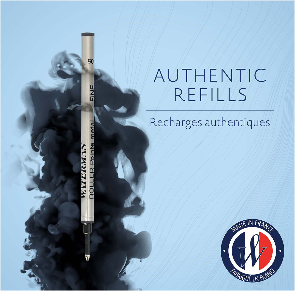 Czarny wkład Waterman do pióra kulkowego na tle rozlewającego się atramentu.